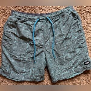 Saxx Men's Teal Patterned Swim Shorts with Blue Drawstring